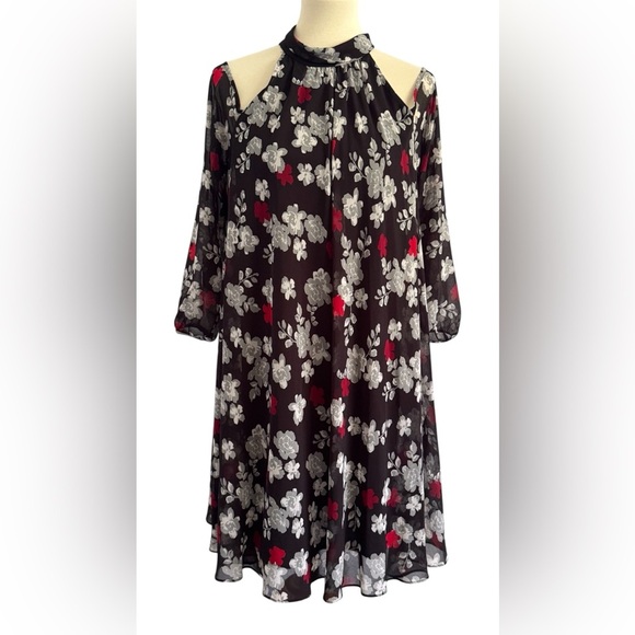 Karl Lagerfeld Dresses & Skirts - Karl Lagerfield Black Floral Cold Shoulder Long Sleeve Halter Neck Dress Size 12